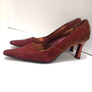 Womens Size 11 Sparkly Platform 3" Heel Shoes Purple Red Gold Pointy Toe Glitter